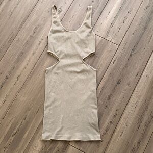 Bebe Elegant Beige Shimmer Side Cut Out Tank mini Dress S/P